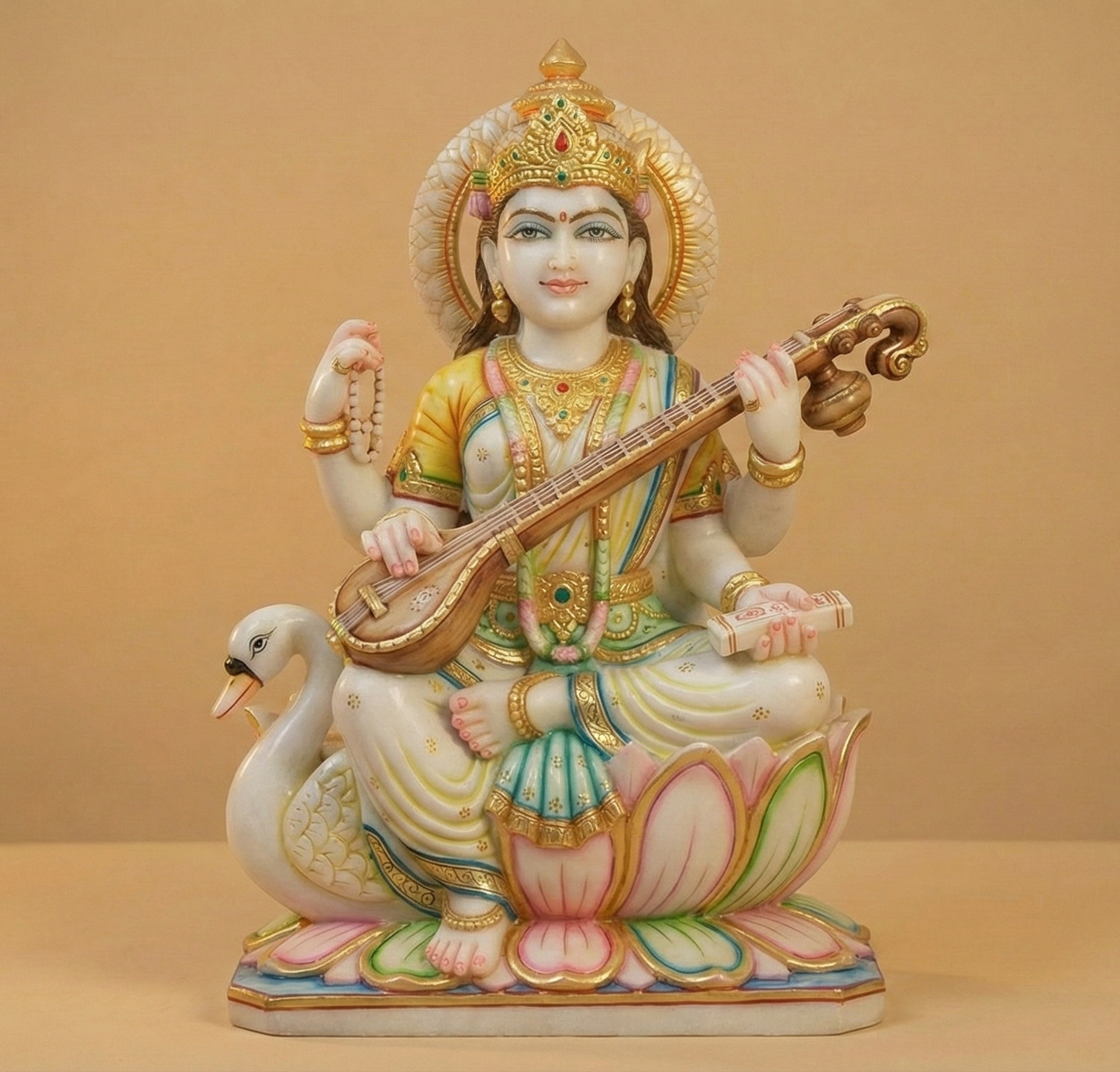 Handcrafted White Marble Saraswati Mata Temple Idol – ShilpAkriti Decor