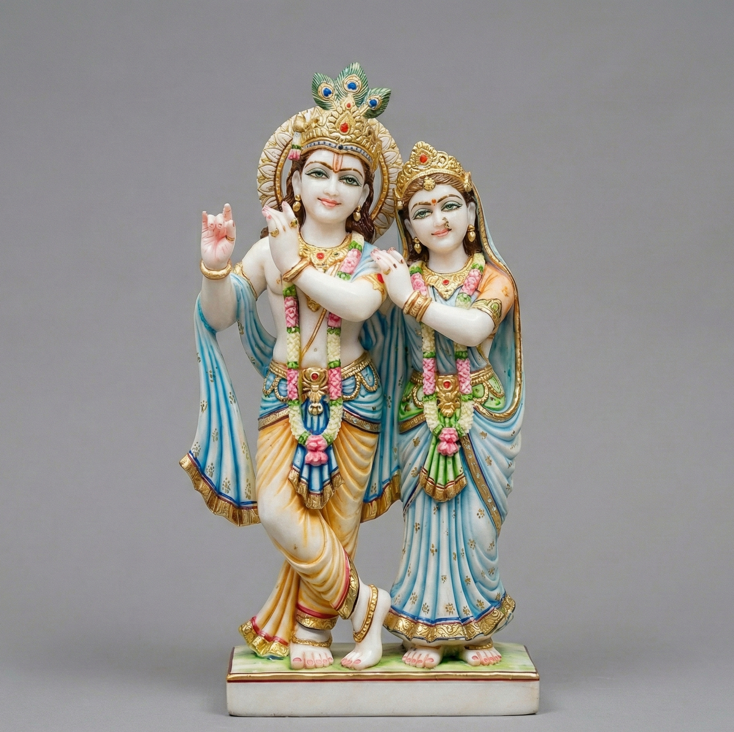 11-Inch Hand-Painted White Marble Radha Krishna Idol for Home Temple