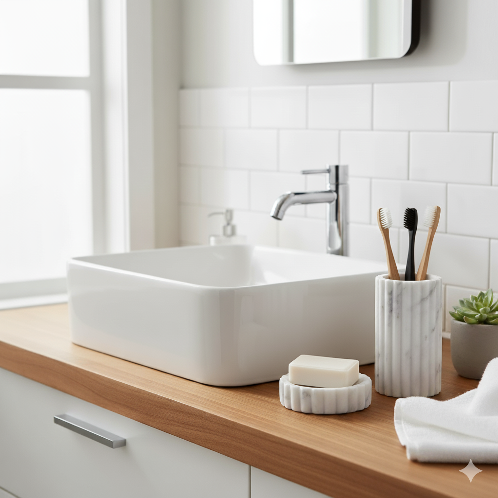 Luxury Marble Bathroom Accessory Set (3 Pc) | Soap Dispenser & Toothbrush Holder