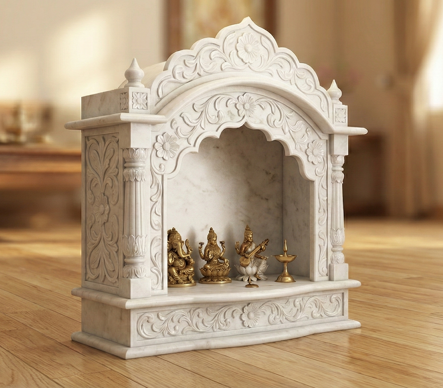 Luxurious Handcrafted White Marble Temple for Home – Compact & Elegant