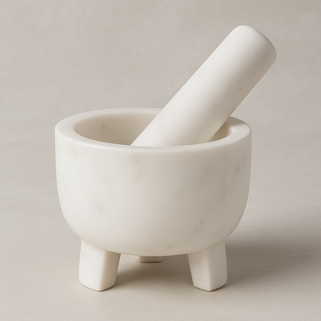 3-Legged White Marble Mortar and Pestle Set – Handcrafted Stone Grinder for Spices & Herbs