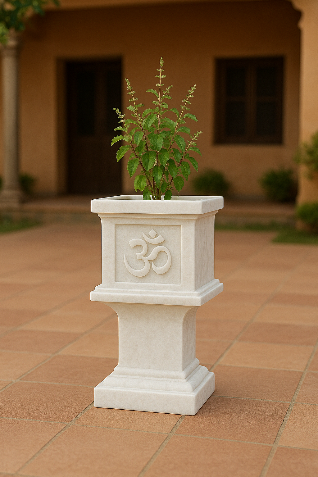 Modern White Marble Tulsi Temple Pot with “Om” Symbol – ShilpAkriti Decor