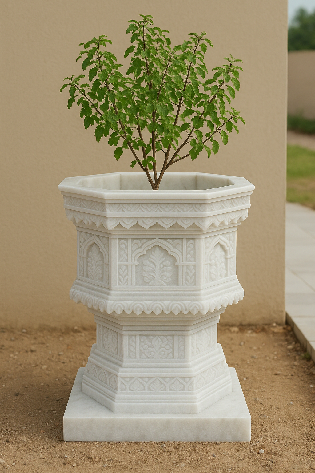Handcrafted Makrana Marble Tulsi Temple Pot with Intricate Carving – ShilpAkriti Decor