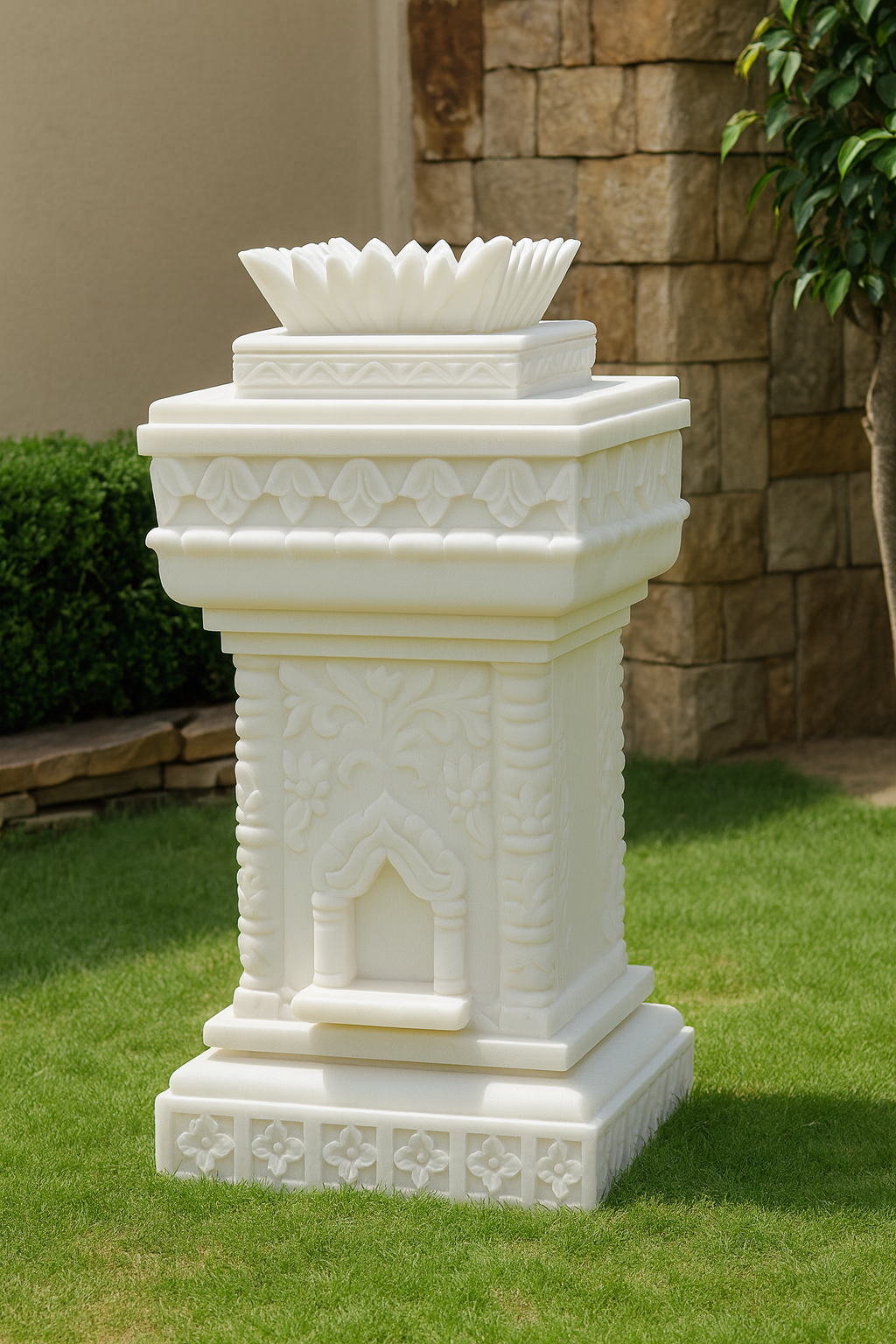 Handcrafted White Marble Tulsi Temple Pot with Lotus Design – ShilpAkriti Decor