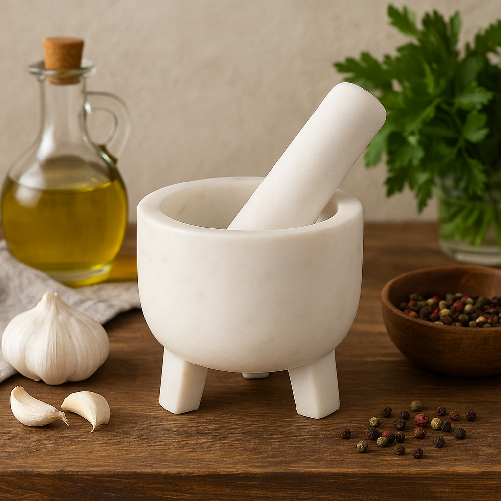 3-Legged White Marble Mortar and Pestle Set – Handcrafted Stone Grinder for Spices & Herbs