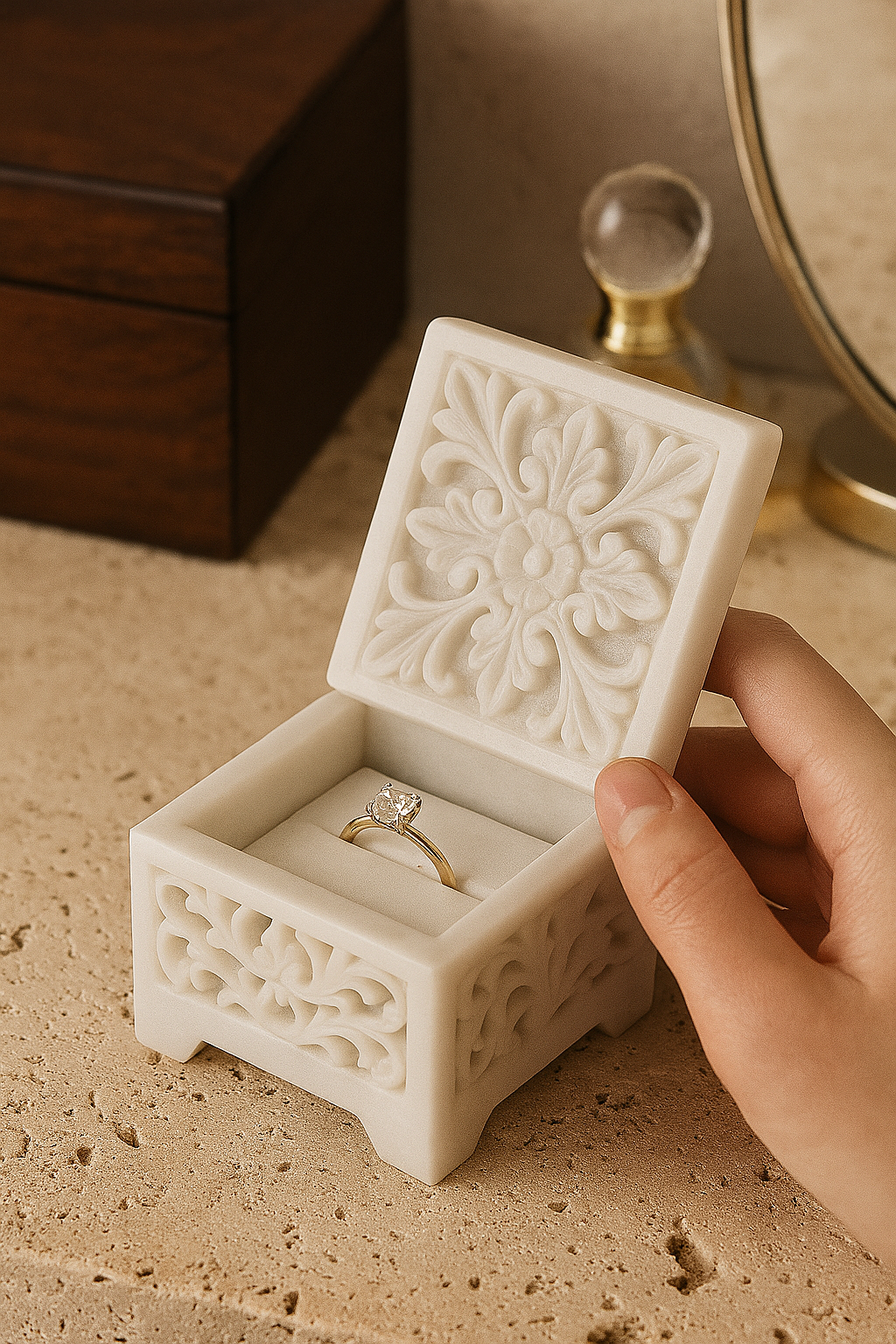 Luxurious Pure White Italian Marble Jewelry Box with Intricate Carvings for Engagement Ring