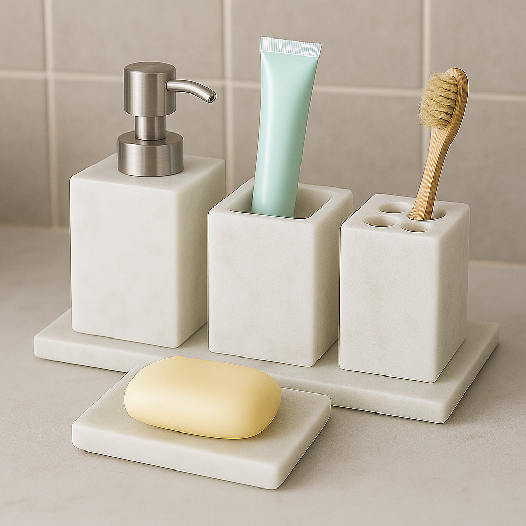 Luxury White Marble Bathroom Accessory Set – 4-Piece Handmade Organizer with Soap Dispenser, Toothbrush Holder, Soap Tray