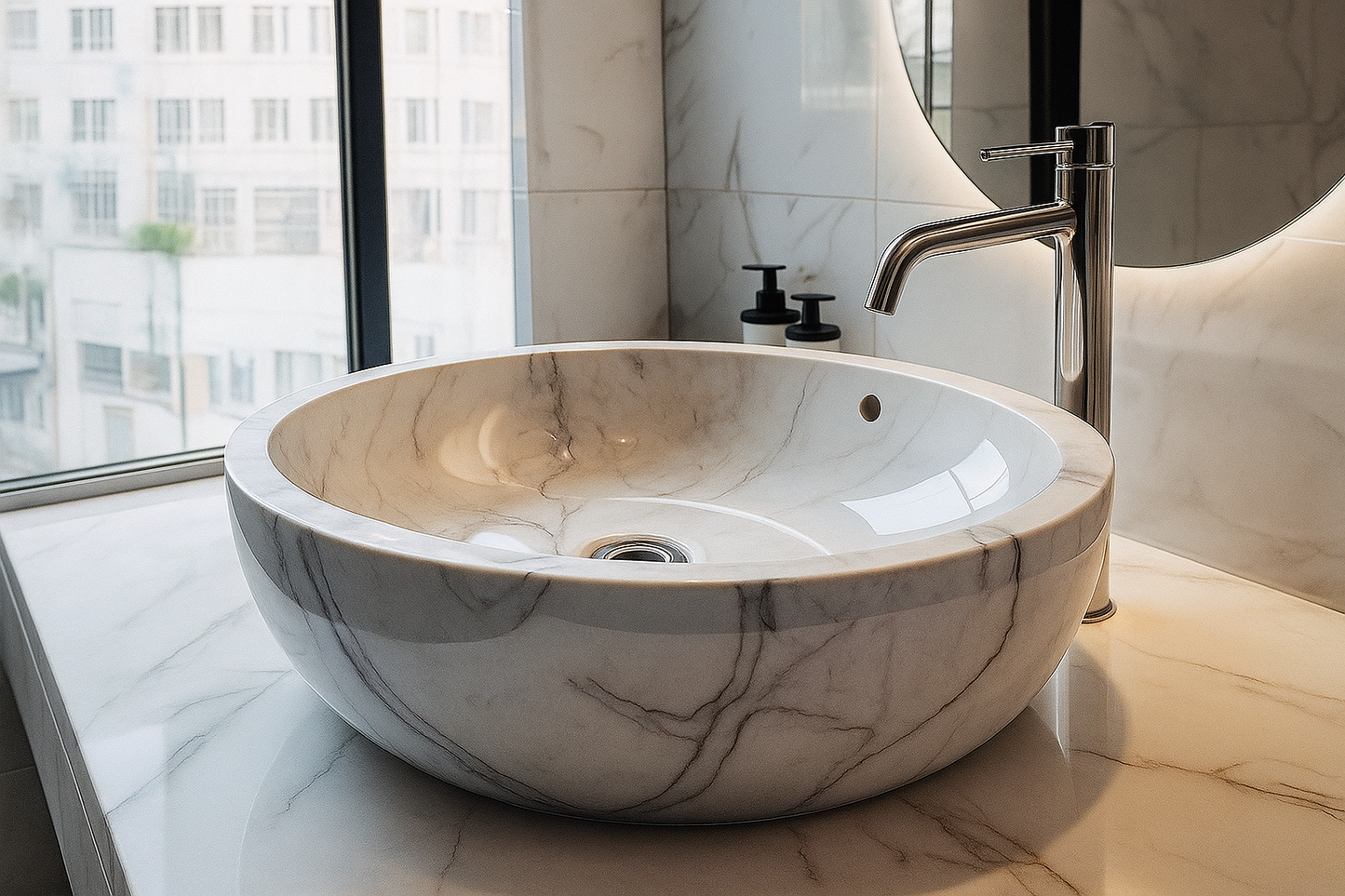 Elegant White Marble Wash Basin - 16" Diameter x 6" Depth