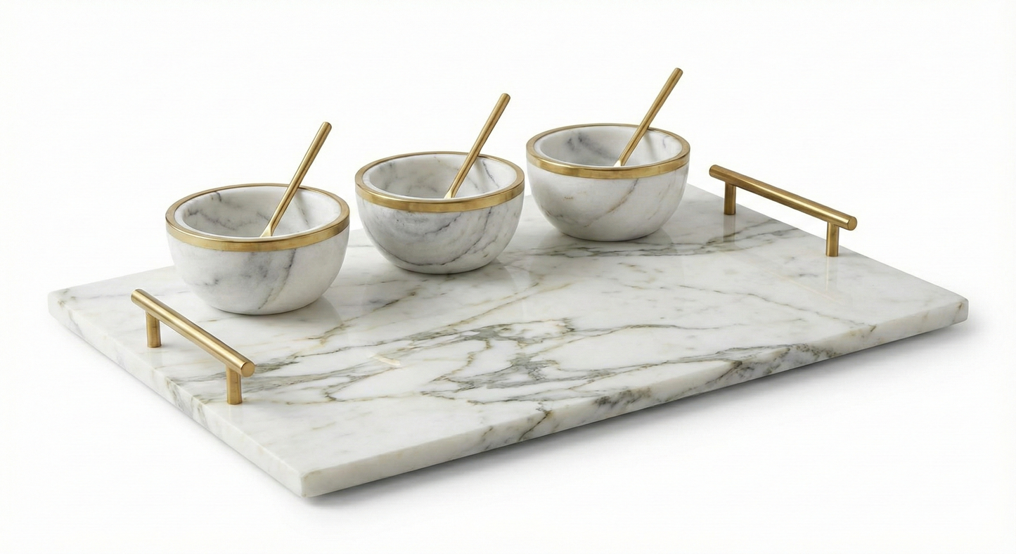 Luxuriöses Serviertablett-Set aus Marmor mit Schüsseln
