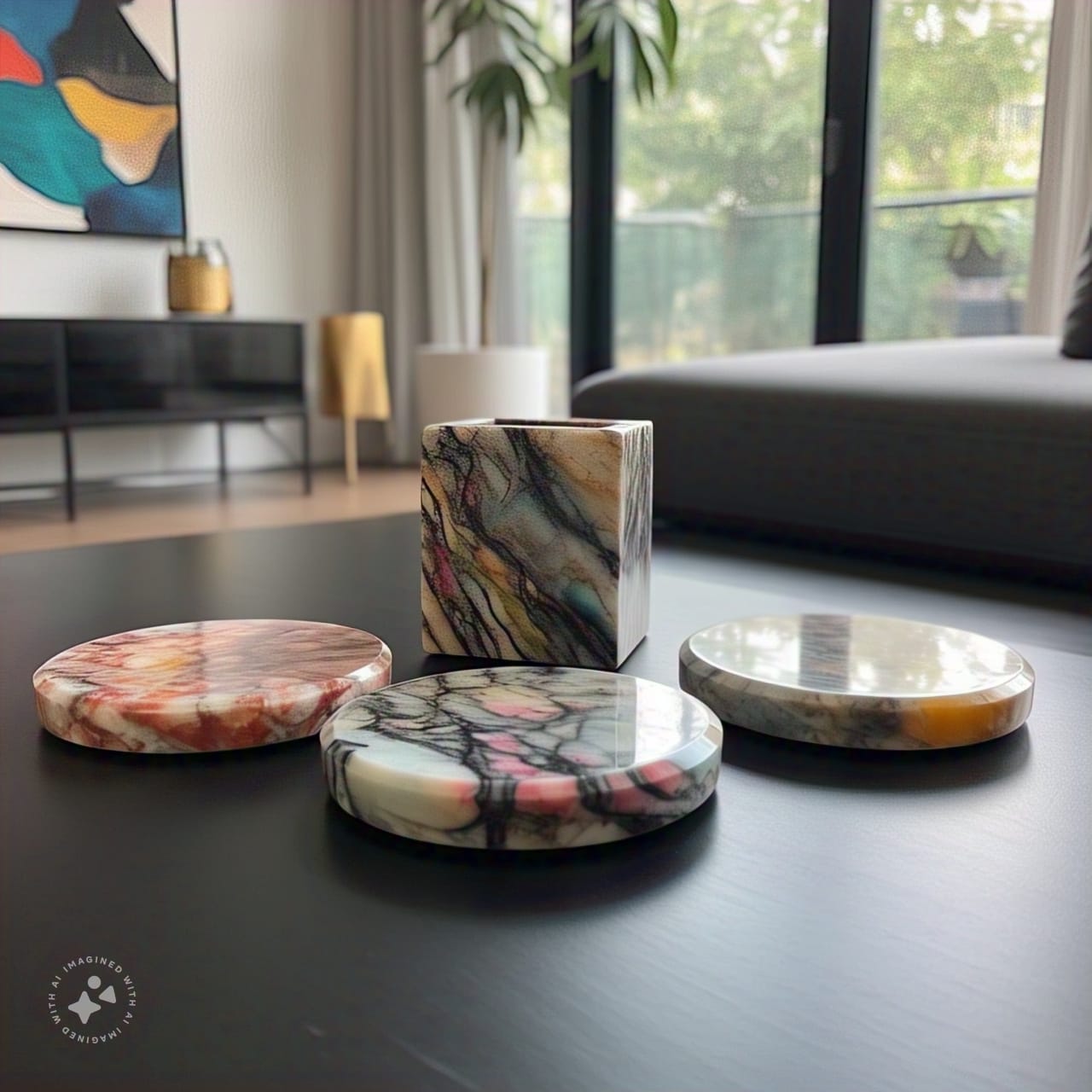 Imported Marble Coaster Set with Holder