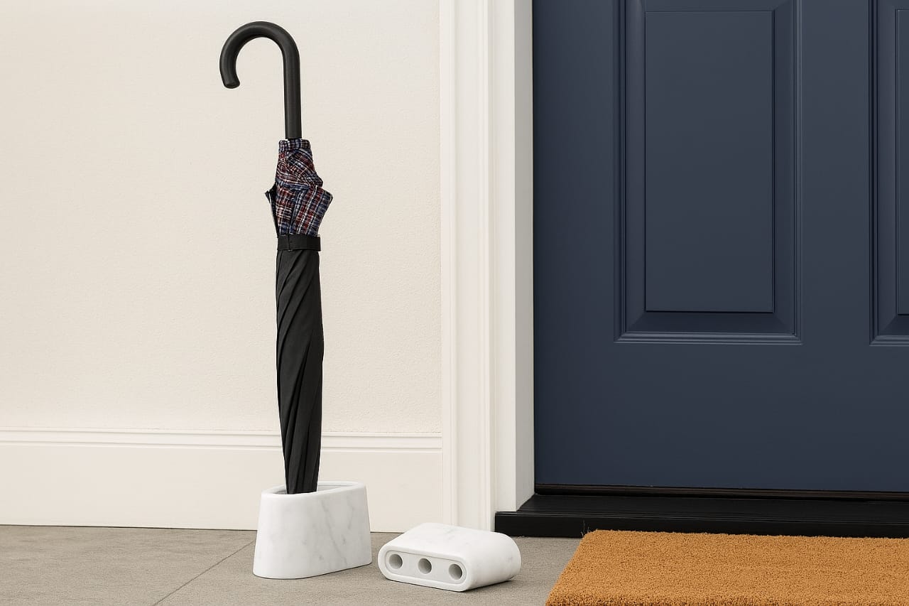 Handcrafted White Marble Umbrella Holder Stand — Modern Entryway Decor, Luxury Home Accessory
