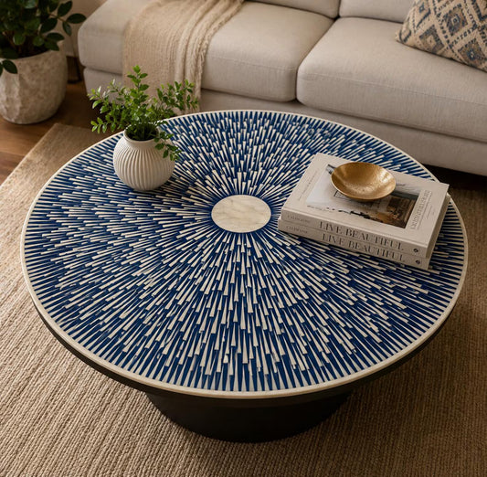 Blue White Bone Inlay Round Tray, Sunburst Pattern, Artisan Coffee Table Decor