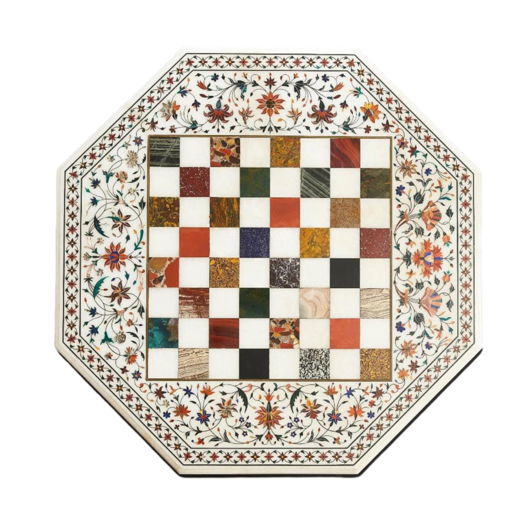 Luxurious 30-Inch Marble Chess Table Top with Stand | Exquisite Inlay Design