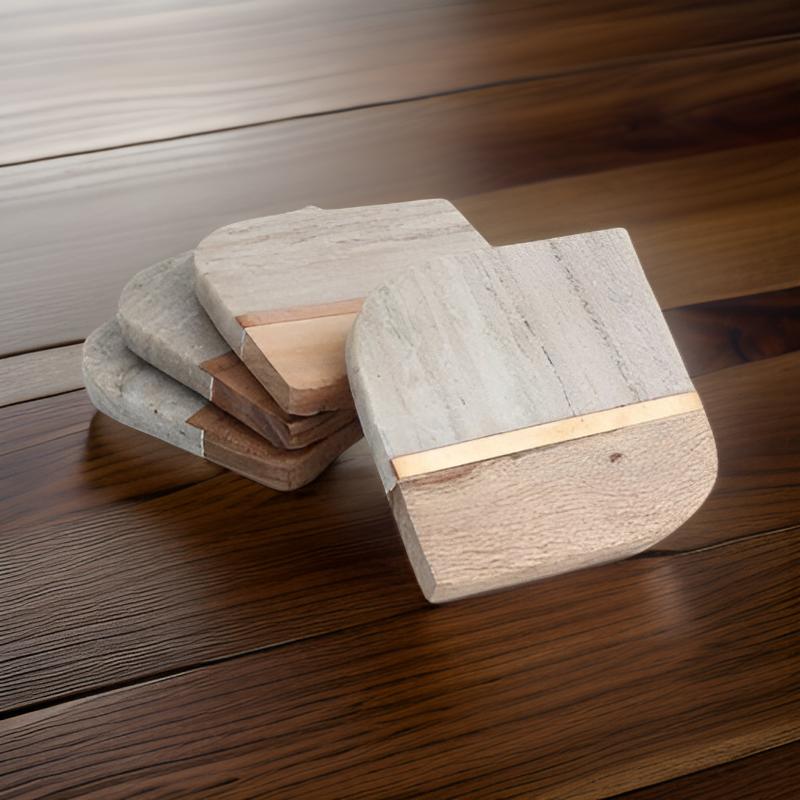 Marble and Wood Coaster Set (Set of 4)