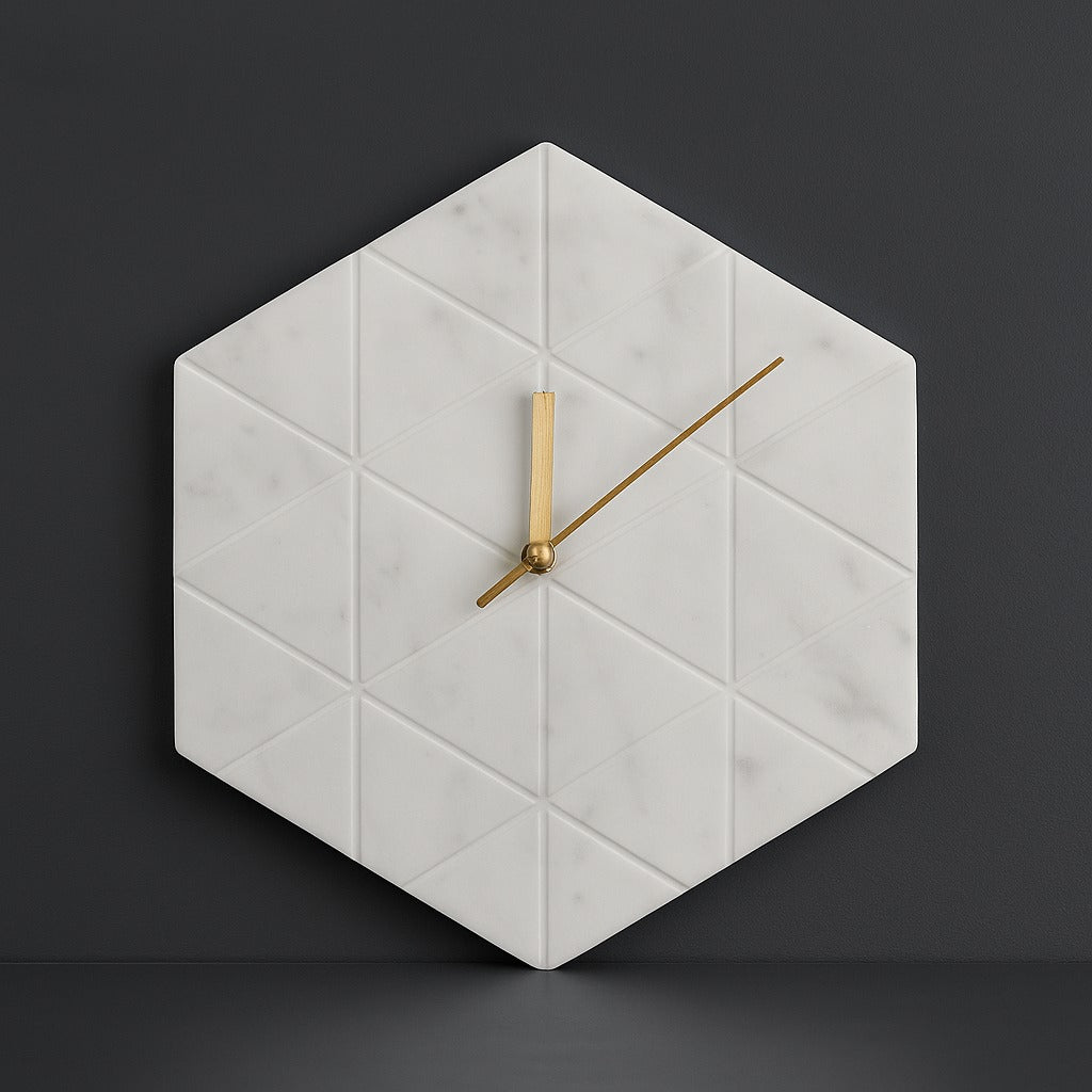 A1 Handcrafted White Marble Hexagon Wall Clock — Modern Geometric Design | Luxury Home Decor