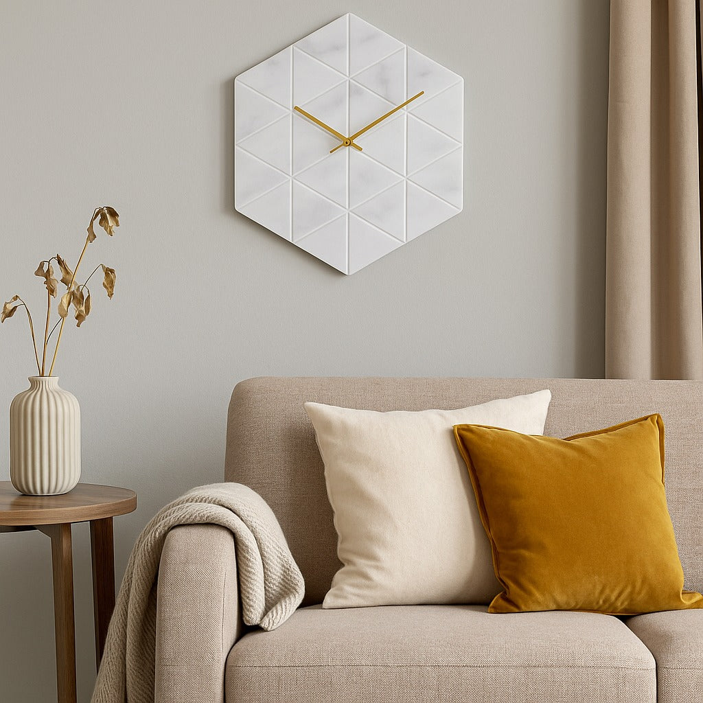 A1 Handcrafted White Marble Hexagon Wall Clock — Modern Geometric Design | Luxury Home Decor