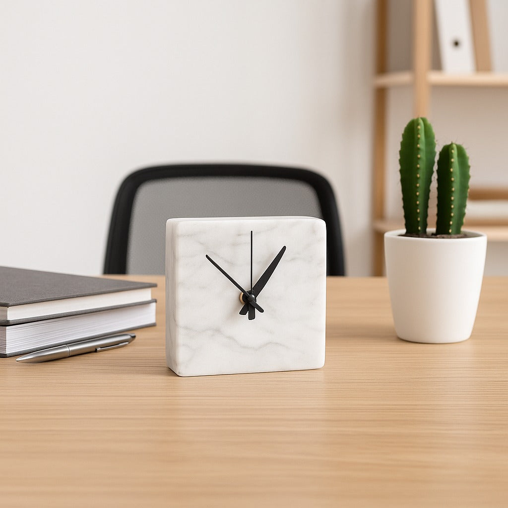 Handcrafted White Marble Desk Clock — Minimalist Square Design for Study & Office | Modern Table Decor
