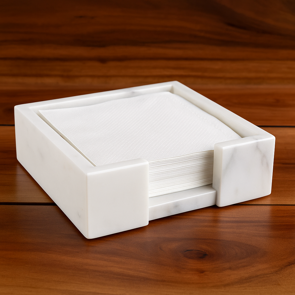 White Marble Tissue Holder – Square Stone Napkin Dispenser for Coffee Table or Kitchen Decor