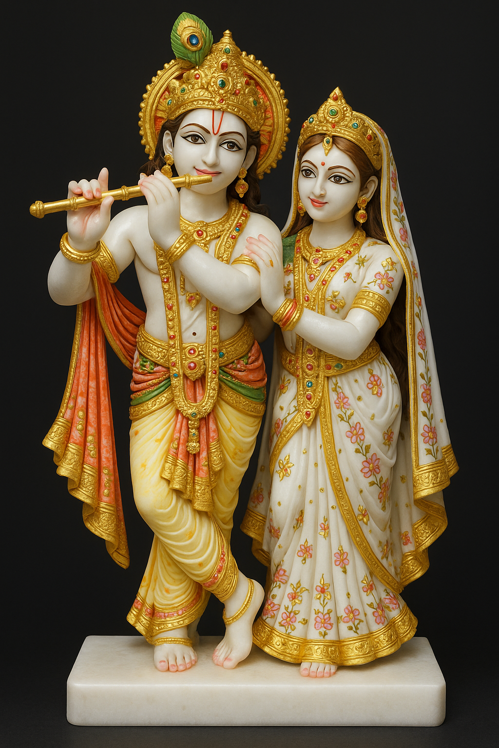 11-Inch Hand-Painted White Marble Radha Krishna Idol for Home Temple