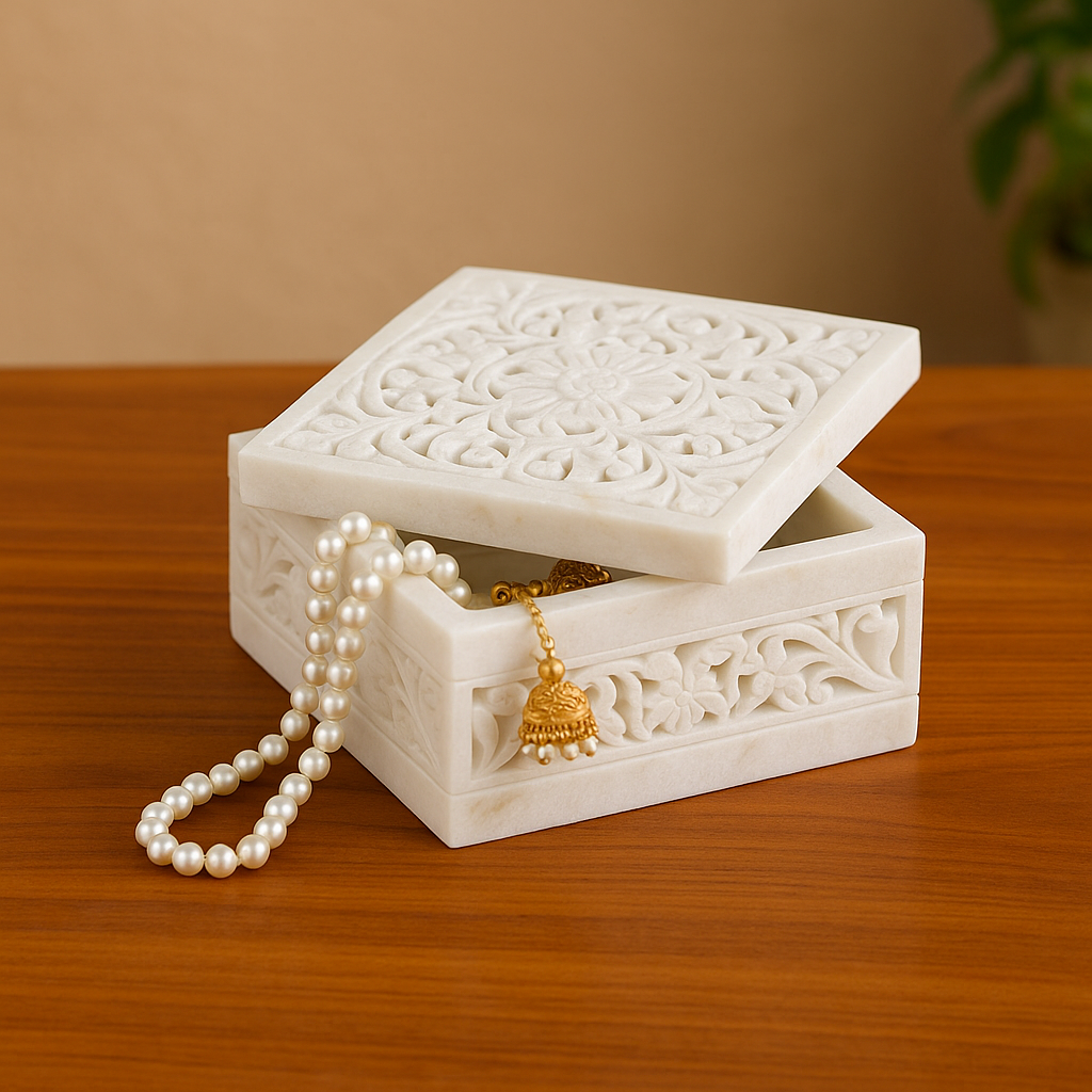 Pure White Italian Marble Jewelry Box with Intricate Hand Carving – Elegant Keepsake Organizer