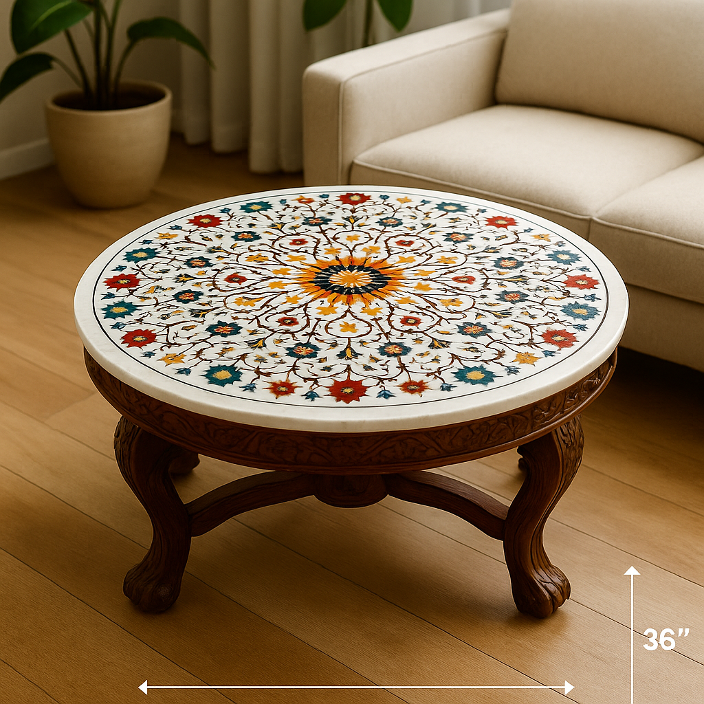 Customizable Marble Inlay Table Top – Handcrafted White Round Center Table | Change Stone Colors & Design by ShilpAkriti Decor