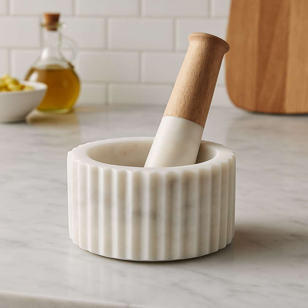 A1 White Marble Mortar and Pestle Set — Handcrafted Spice Grinder, Herb Crusher, Kitchen Tool, Natural Stone Cooking Gift