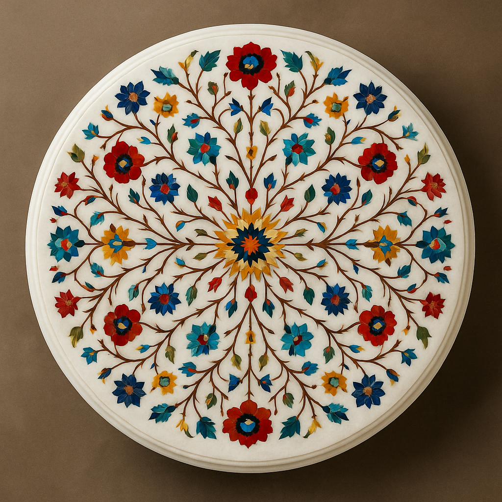 Customizable Marble Inlay Table Top – Handcrafted White Round Center Table | Change Stone Colors & Design by ShilpAkriti Decor