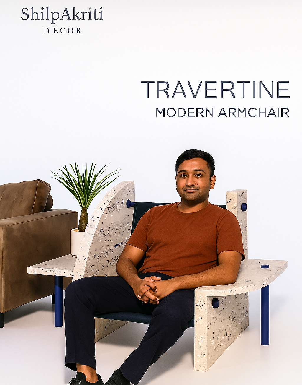 Travertine Stone Modern Armchair – Designer Lounge Chair with Sculptural Build | Handcrafted Accent Seating for Living Room & Studio