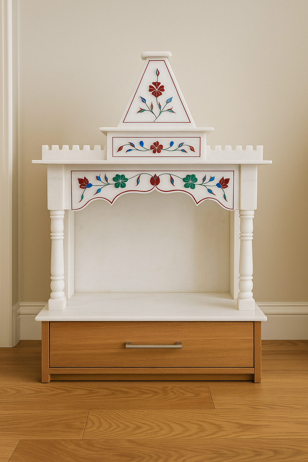 Compact Handcrafted Marble Temple with Floral Inlay – 15x24"