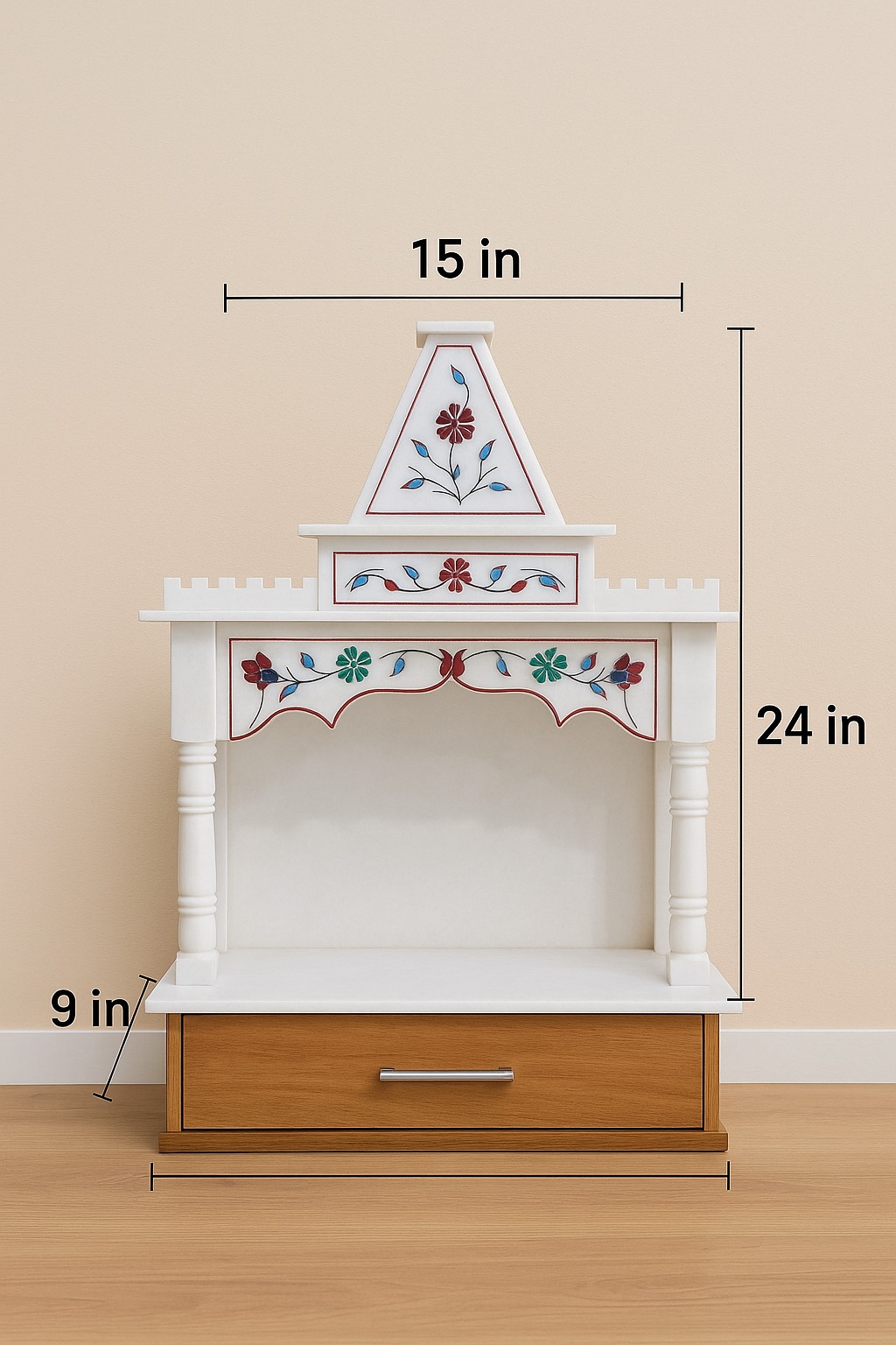 Compact Handcrafted Marble Temple with Floral Inlay – 15x24"