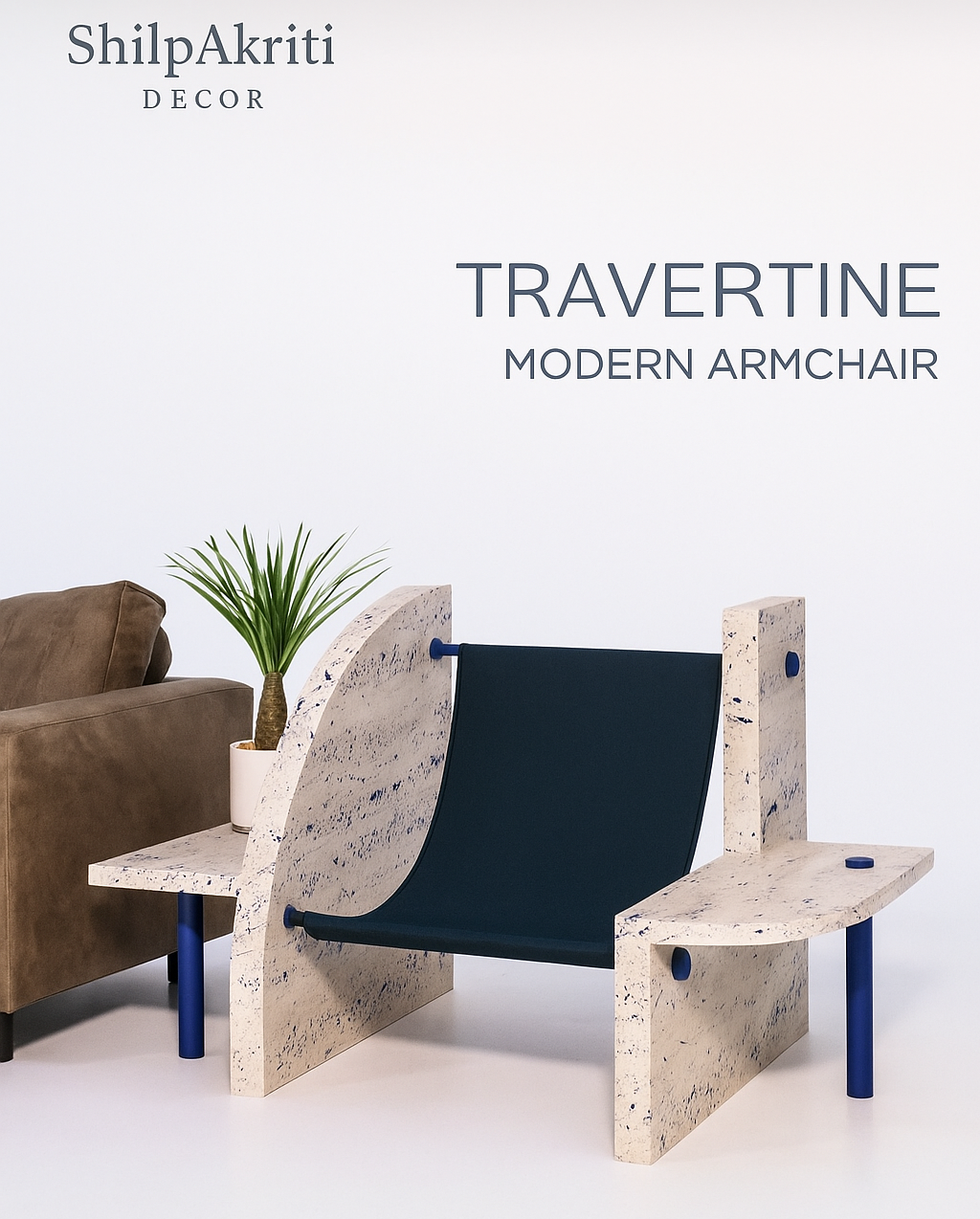 Travertine Stone Modern Armchair – Designer Lounge Chair with Sculptural Build | Handcrafted Accent Seating for Living Room & Studio