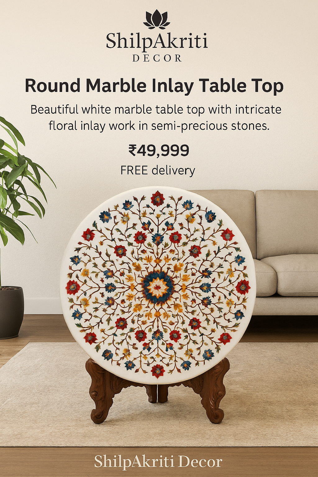 Customizable Marble Inlay Table Top – Handcrafted White Round Center Table | Change Stone Colors & Design by ShilpAkriti Decor