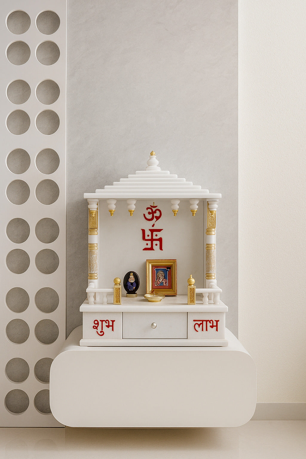 Luxurious Handcrafted White Marble Home Temple with Golden Accents – Wall Mounted Pooja Mandir