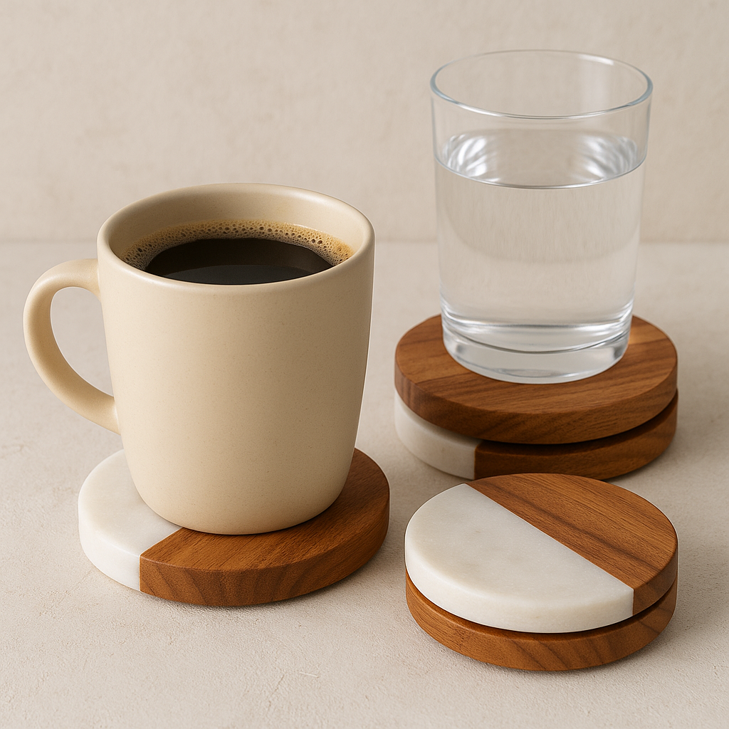 Premium Marble and Wood Coaster – 4 Inch Round Drink Coaster | Elegant Home Décor