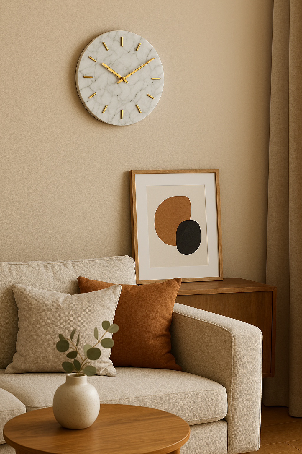 Minimalist White Marble Wall Clock – 12 Inch Round with Gold Hands | Luxury Home Decor