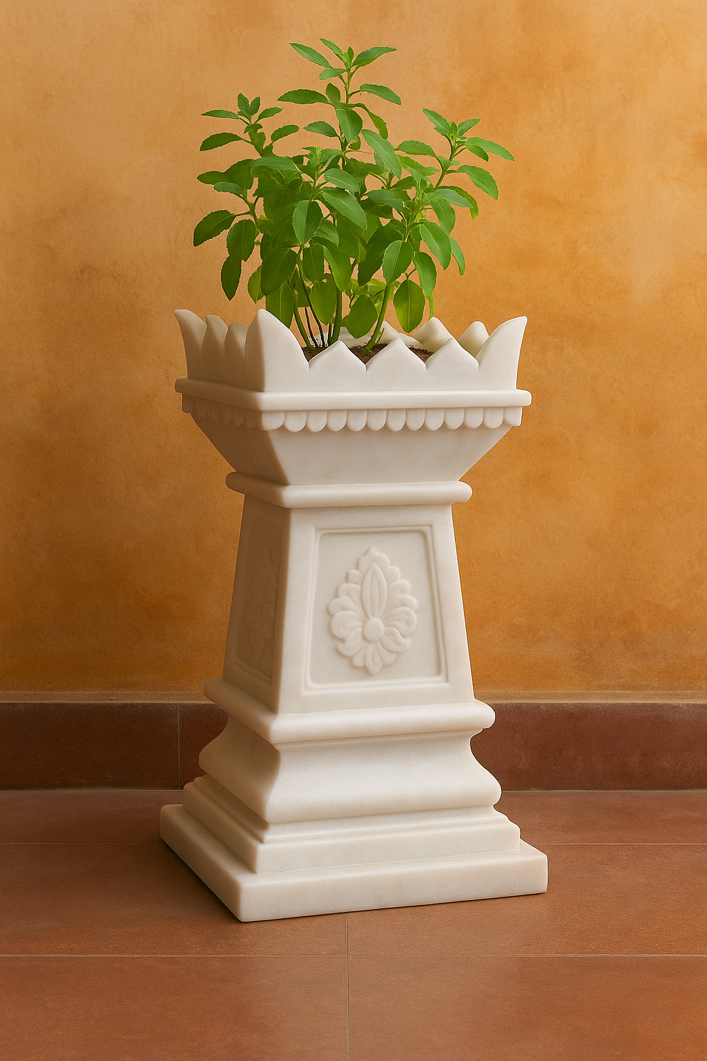 Handcrafted White Marble Tulsi Pot — Traditional Holy Basil Planter for Home Temple & Outdoor Decor