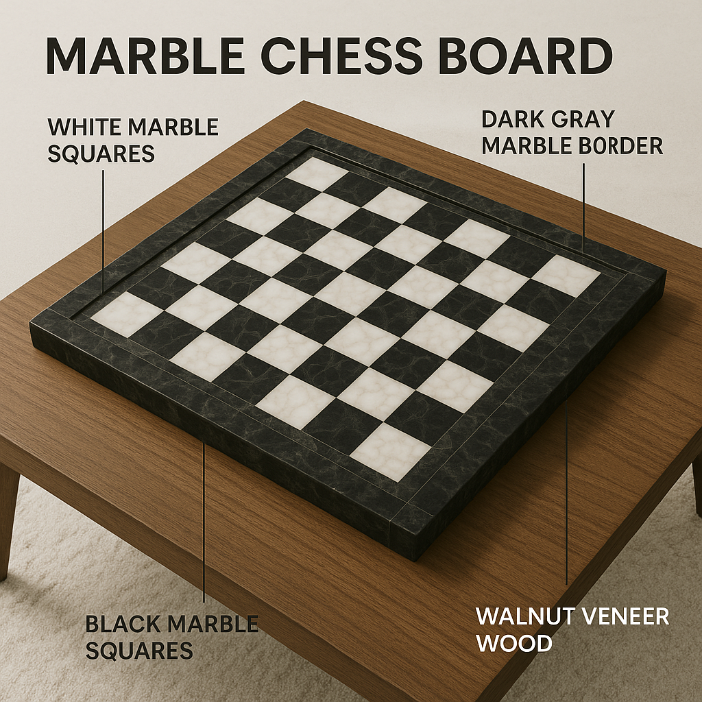Handcrafted 12"x12" Marble Chess Board – Black & White Stone Game Set for Home Decor