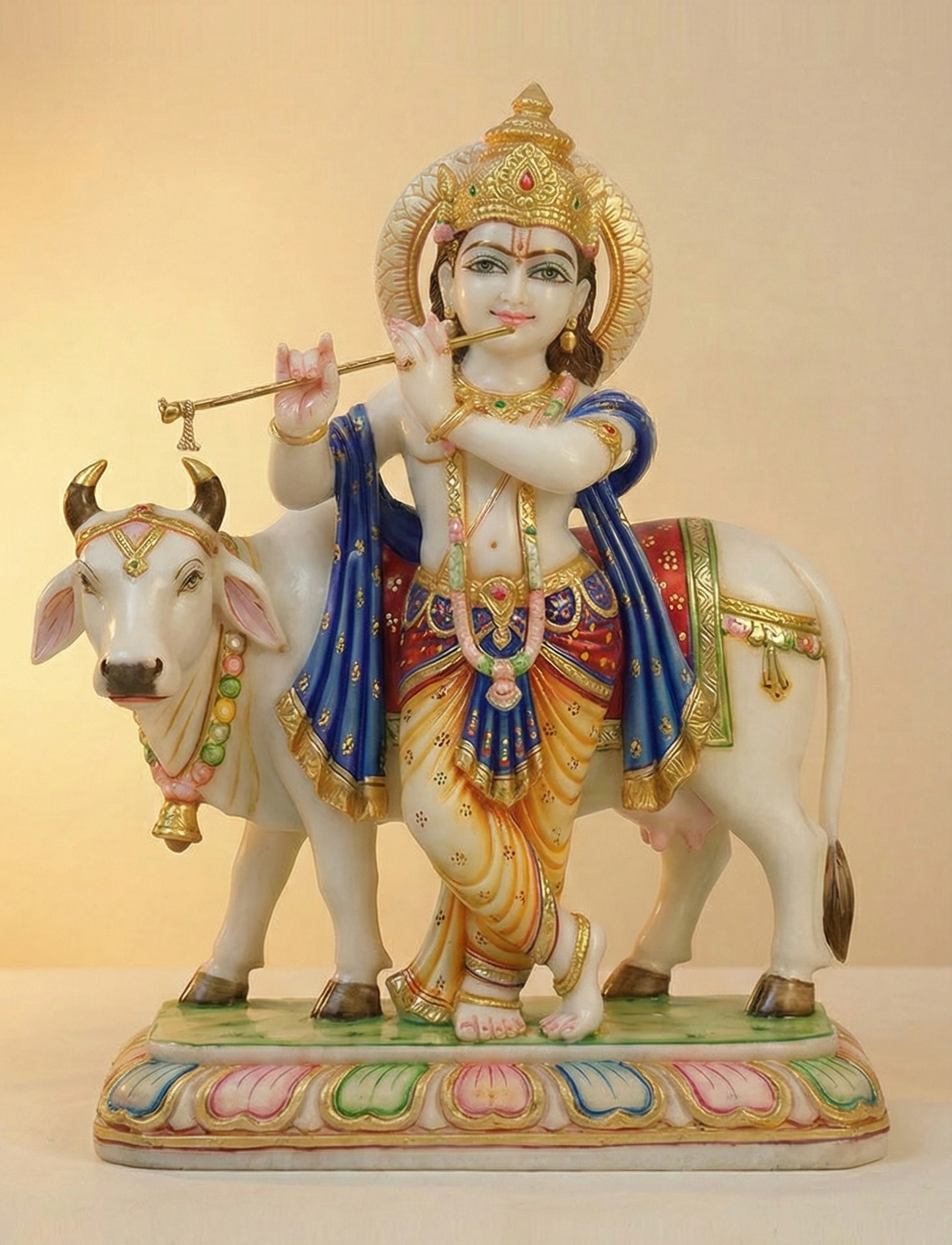 Handcrafted White Makrana Marble Krishna with Cow Statue — 11" Spiritual Home Decor | Indian God Sculpture | Meditation & Blessings