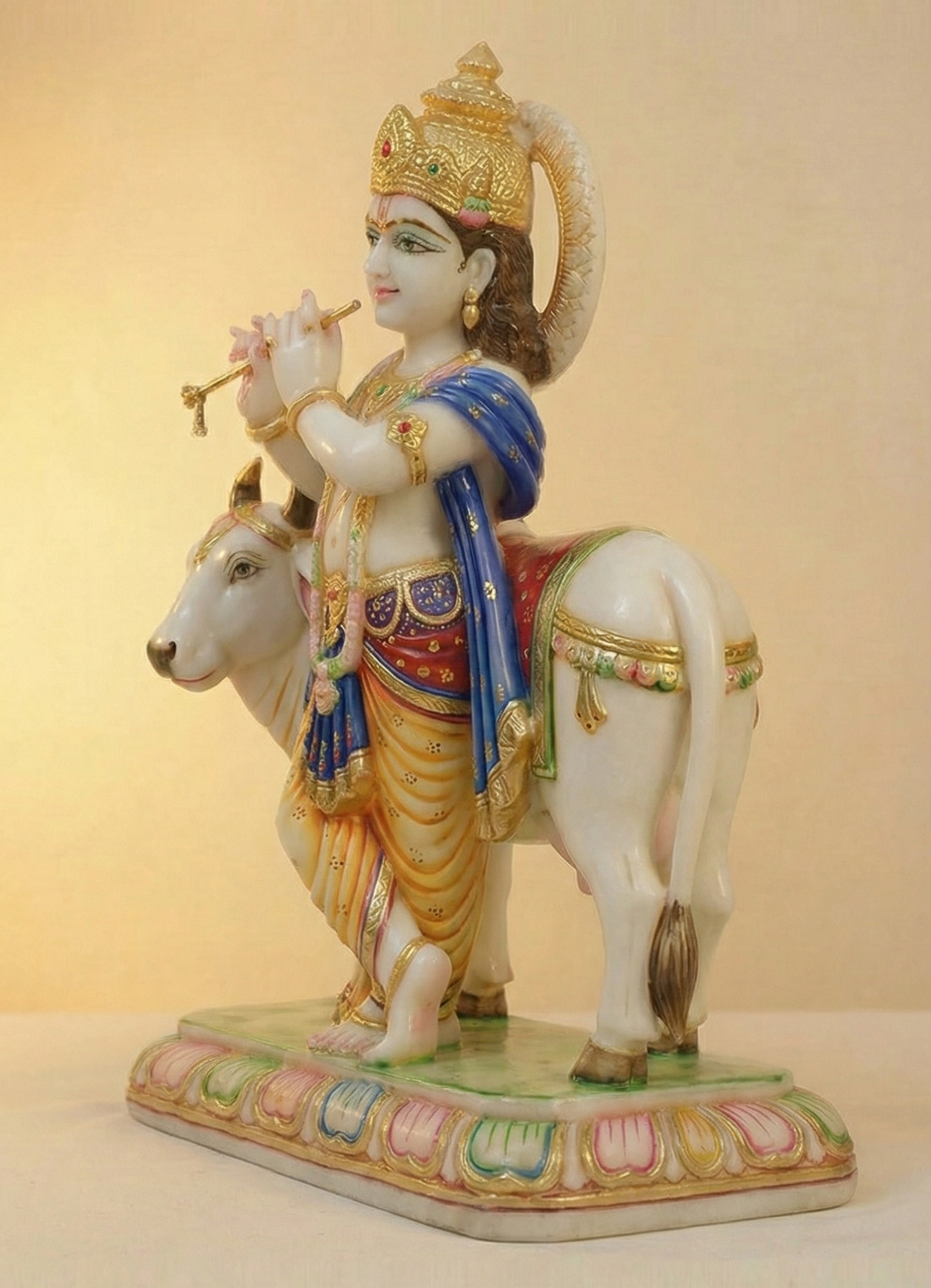 Handcrafted White Makrana Marble Krishna with Cow Statue — 11" Spiritual Home Decor | Indian God Sculpture | Meditation & Blessings