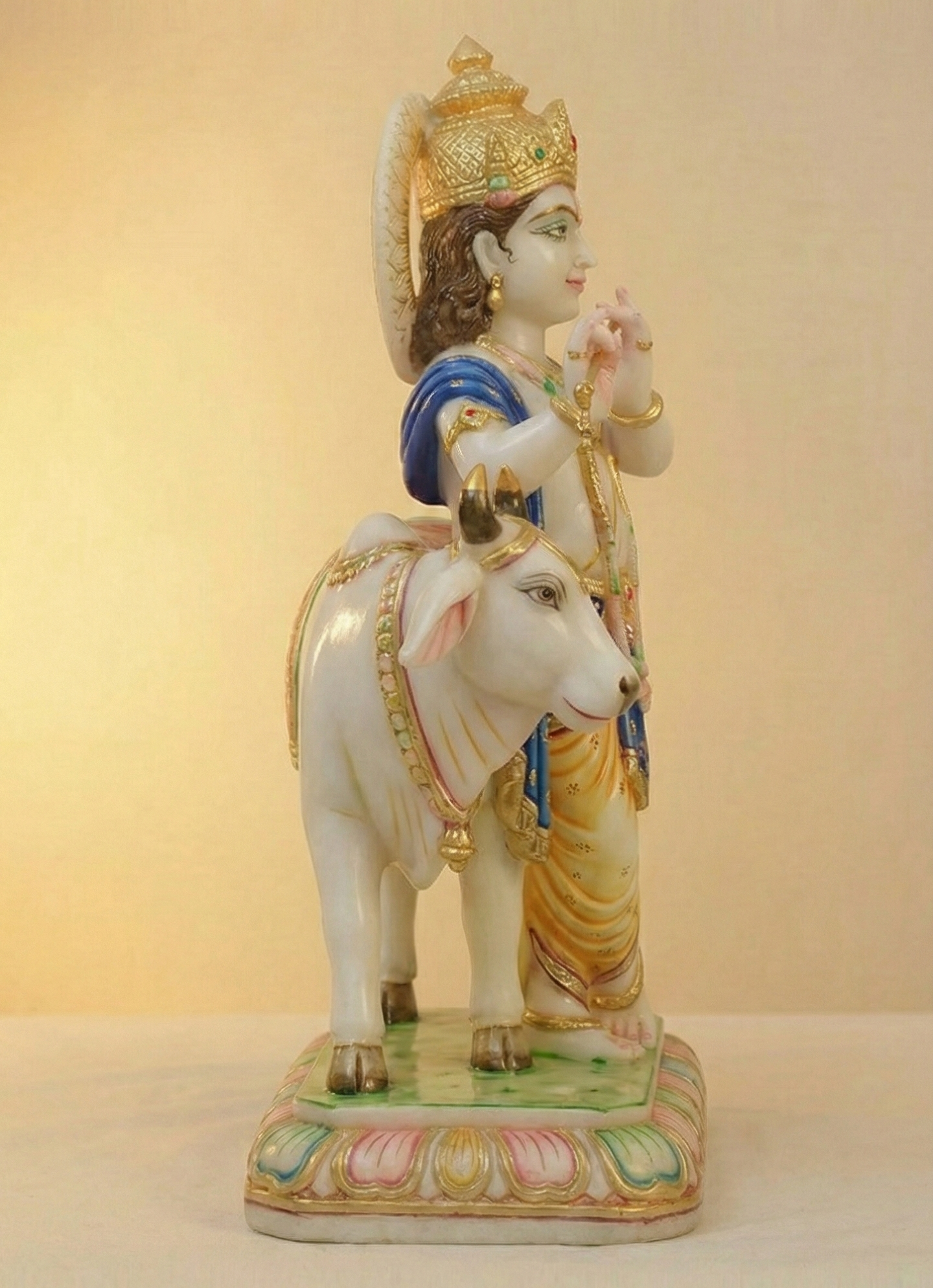 Handcrafted White Makrana Marble Krishna with Cow Statue — 11" Spiritual Home Decor | Indian God Sculpture | Meditation & Blessings