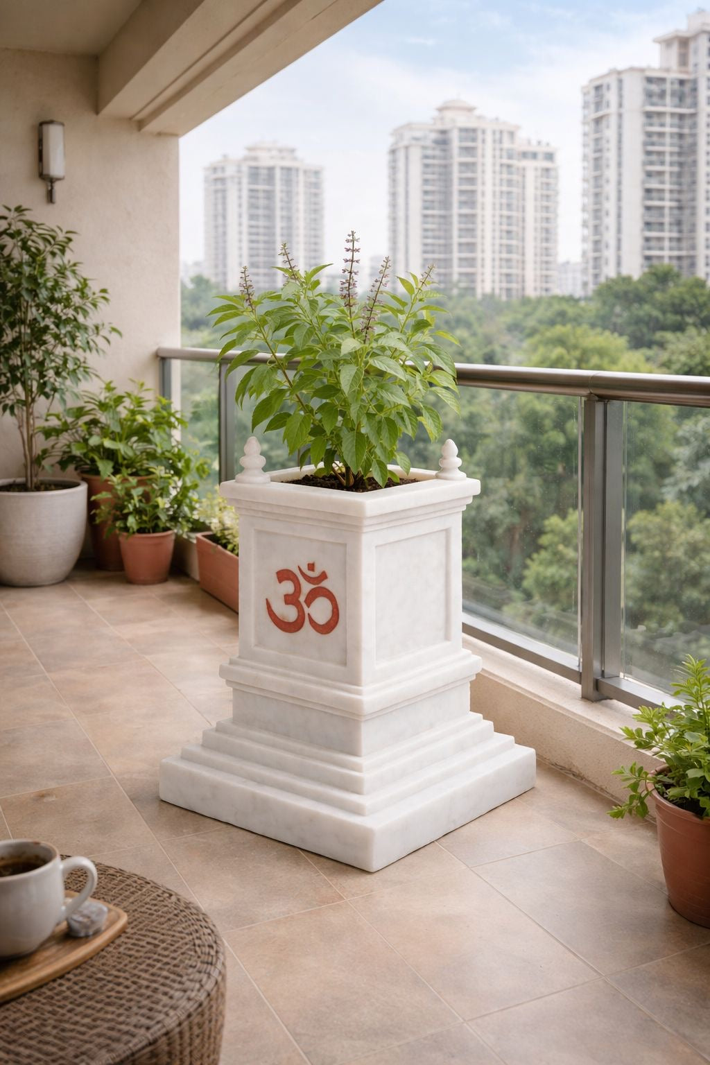Premium White Marble Tulsi Vrindavan (Pot) with Om –| Ideal for Home/Balcony/Garden-Temple