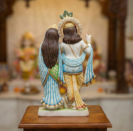 11-Inch Hand-Painted White Marble Radha Krishna Idol for Home Temple