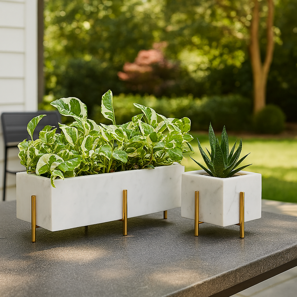 A1 Handcrafted White Marble Planter Set with Brass Stands — Elegant Indoor Plant Pots | Luxury Home Decor