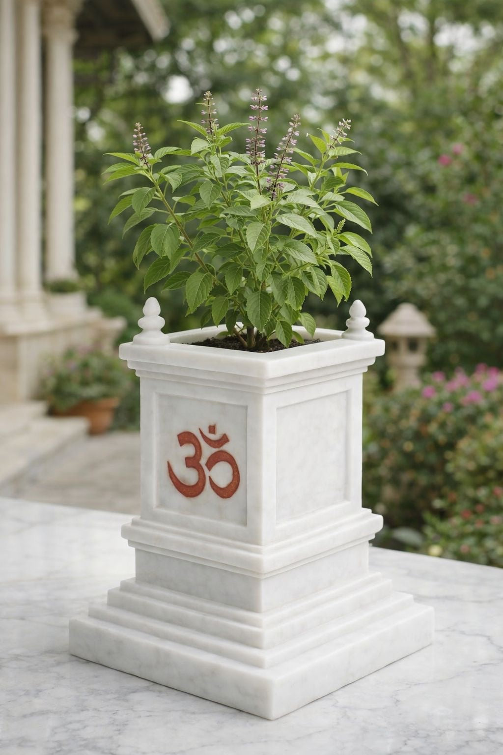 Premium White Marble Tulsi Vrindavan (Pot) with Om –| Ideal for Home/Balcony/Garden-Temple