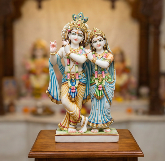 11-Inch Hand-Painted White Marble Radha Krishna Idol for Home Temple