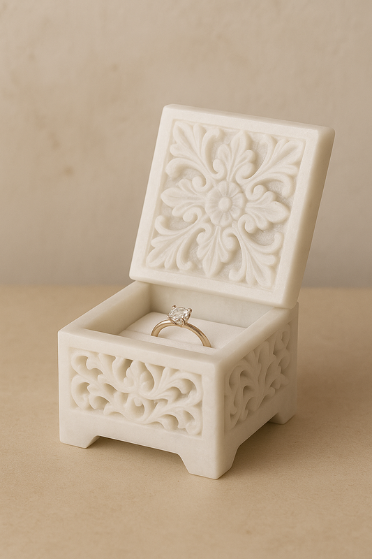 Luxurious Pure White Italian Marble Jewelry Box with Intricate Carvings for Engagement Ring