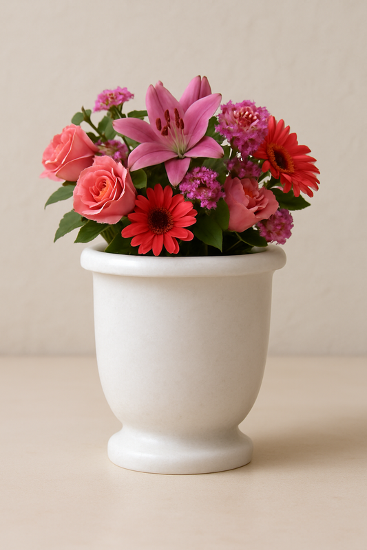 Marble Flower Pot with Vibrant Flowers – Elegant Decor
