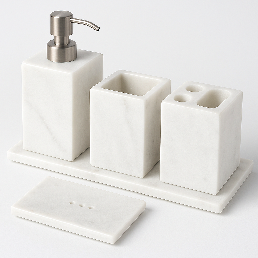 Luxury White Marble Bathroom Accessory Set – 4-Piece Handmade Organizer with Soap Dispenser, Toothbrush Holder, Soap Tray