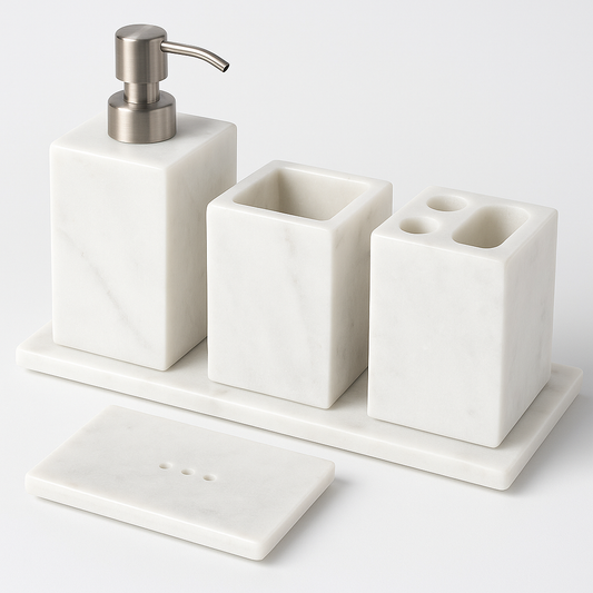 Luxury White Marble Bathroom Accessory Set – 4-Piece Handmade Organizer with Soap Dispenser, Toothbrush Holder, Soap Tray