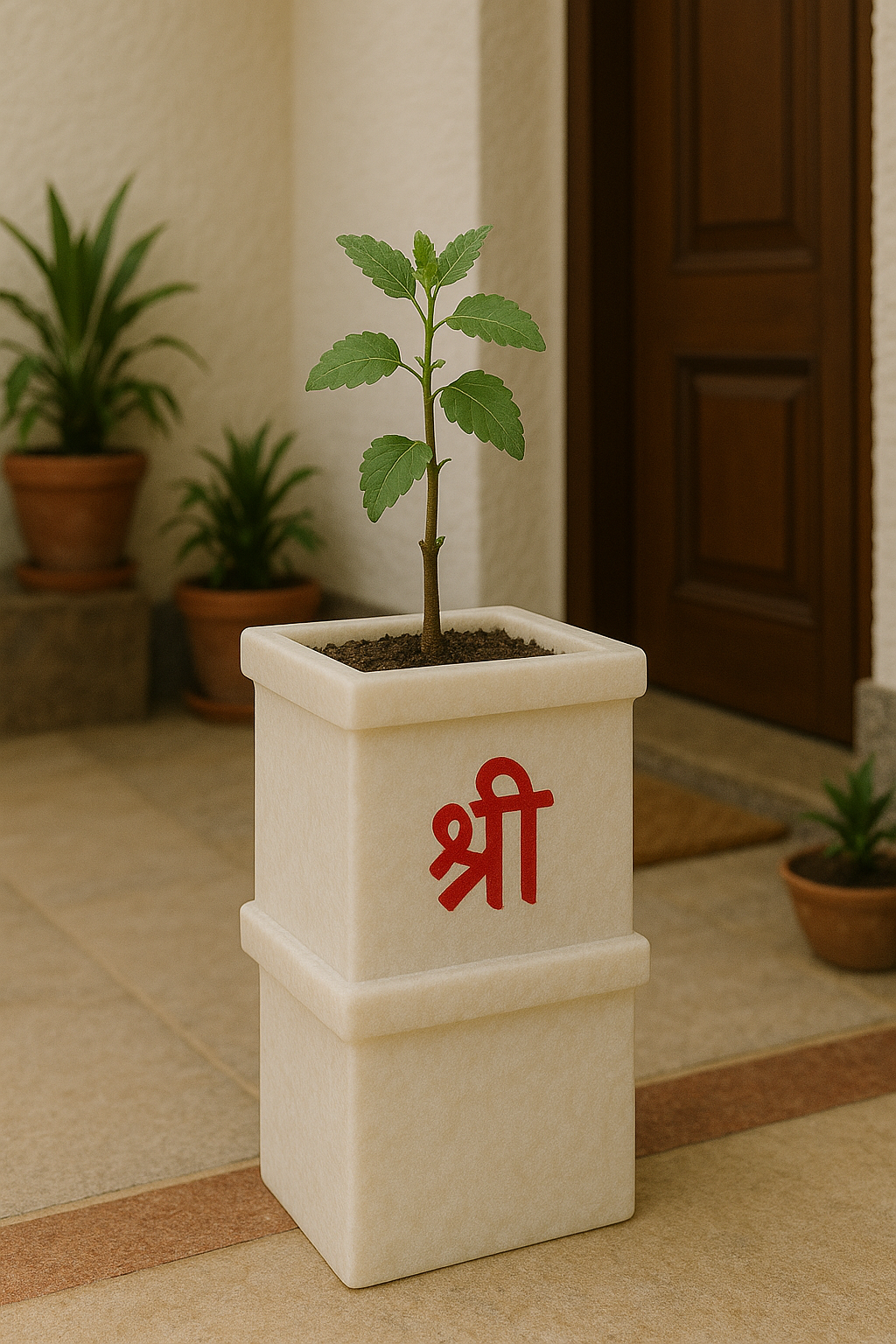 Premium White Marble Tulsi Vrindavan Pot with Red “Shri” Symbol for Temple – ShilpAkriti Decor